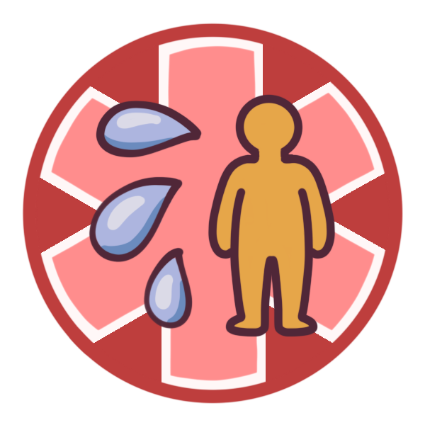 a red circle with a large medical alert asterisk inside it, and a yellow person with three big sweat drops pictured in the center.